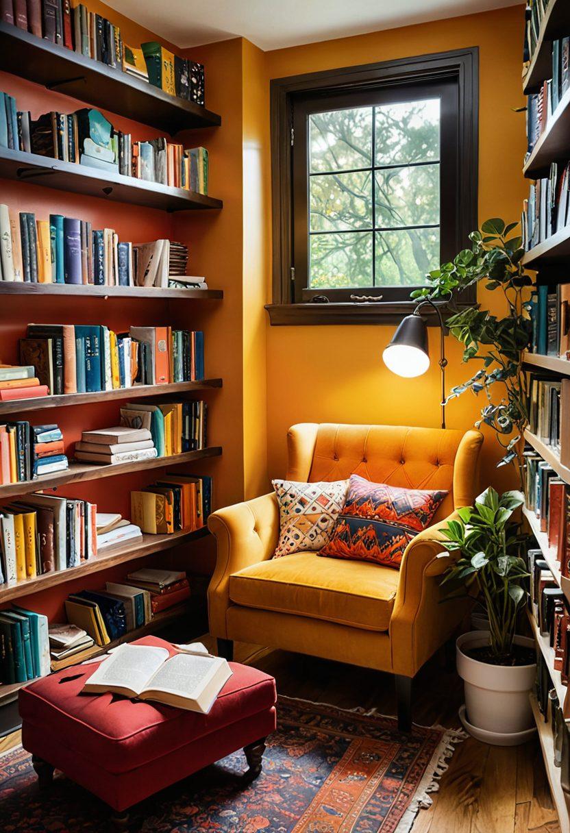 An inviting reading nook adorned with a cozy armchair, surrounded by shelves overflowing with vibrant book covers showcasing diverse genres. A steaming cup of tea rests on a side table, while colorful plants bring life to the space. Soft, warm lighting creates a cheerful atmosphere, and whimsical bookmarks peek out from the books. An open book reveals pages filled with fantastical illustrations. super-realistic. vibrant colors. cozy ambiance.