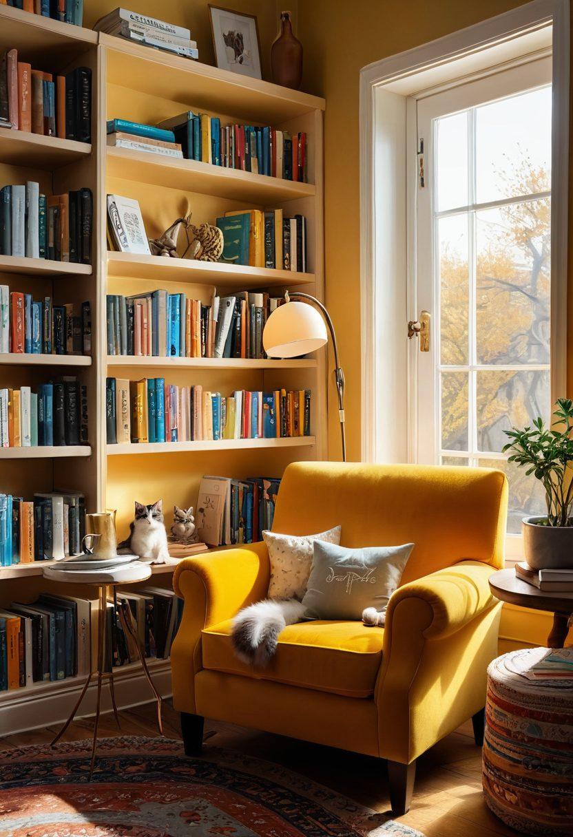 A cozy reading nook with a comfortable armchair surrounded by colorful bookshelves, warm sunlight streaming through a window, a steaming cup of tea on a small table, and a playful cat lounging nearby. Whimsical illustrations of open books with animated characters dancing out of the pages, conveying joy and adventure in reading. vibrant colors. soft focus. 3D.