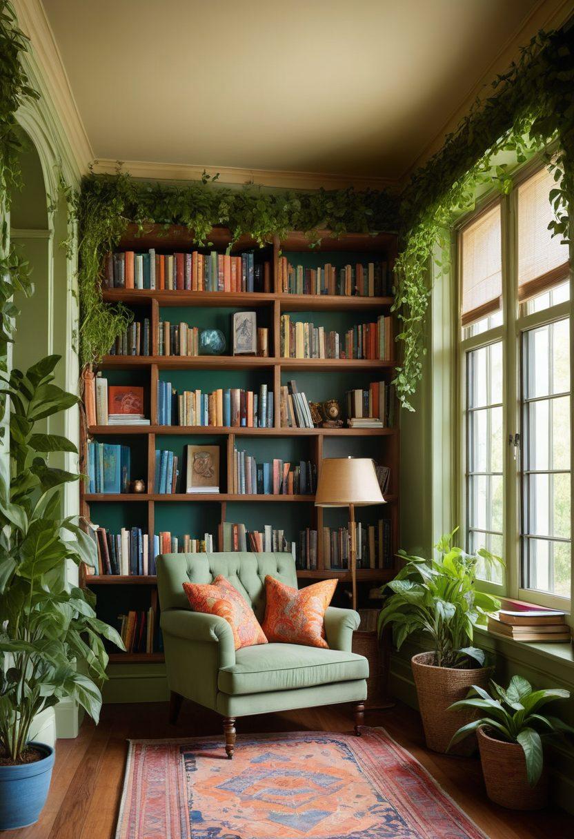 A whimsical library scene filled with a diverse collection of books, blending fiction and non-fiction. A cozy reading nook with comfortable chairs, sunlight pouring in through large windows, and floating literary elements like characters and quotes. A bookshelf shaped like an open book, surrounded by lush green plants to symbolize growth and joy in reading. The atmosphere is warm and inviting, encouraging exploration and curiosity. vibrant colors. 3D.